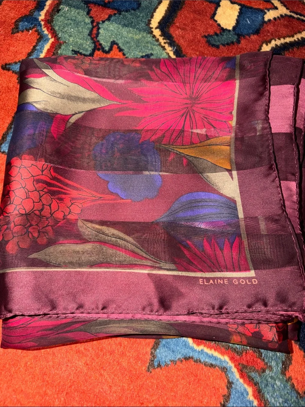 VTG Elaine Gold Floral Striped Silk Chiffon Scarf Jewel Tone Pink Purple